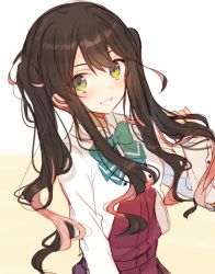 Rule 34 | 1girl, alternate hairstyle, blush, bow, bowtie, brown hair, commentary request, green eyes, grin, hiiragi souren, holding, holding own hair, kantai collection, long hair, long sleeves, looking at viewer, multicolored hair, naganami (kancolle), naganami kai ni (kancolle), pink hair, ruffling hair, simple background, smile, solo, twintails, two-tone hair, upper body, white background