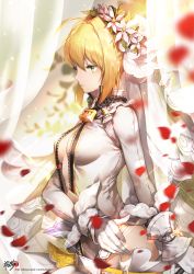 Rule 34 | 10s, 1girl, ahoge, belt, belt buckle, blonde hair, breasts, bridal veil, buckle, center opening, chain, cleavage, closed mouth, collar, detached collar, fate/extra, fate/extra ccc, fate (series), flower, from side, gloves, green eyes, hair between eyes, hair flower, hair intakes, hair ornament, head wreath, highres, kyjsogom, leotard, lock, long sleeves, looking away, medium breasts, nero claudius (bride) (fate), nero claudius (fate), nero claudius (fate) (all), padlock, padlocked collar, petals, plant, short hair, sidelocks, signature, thighhighs, veil, watermark, web address, white gloves, white leotard, zipper