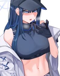 Rule 34 | 1girl, absurdres, bare shoulders, baseball cap, black hair, black hat, black shirt, blue archive, blue eyes, blue hair, breasts, crop top, ddog, drooling, gloves, halo, hat, highres, holding, holding mask, large breasts, long hair, mask, midriff, mouth mask, navel, saliva, saori (blue archive), shirt, sleeveless, sleeveless shirt, solo, stomach, sweat