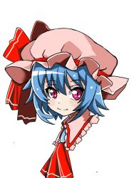 Rule 34 | 1girl, ascot, blue hair, bow, denden taiko, fang, frilled shirt collar, frills, hat, hat ribbon, highres, jewelry, mob cap, pink eyes, red bow, red ribbon, remilia scarlet, ribbon, shirt, short hair, simple background, smile, solo, touhou, white background