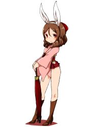 Rule 34 | 10s, 1girl, absurdres, adapted costume, animal ears, boots, bow, brown footwear, brown hair, closed umbrella, cross-laced footwear, drill hair, full body, hair bow, hakama, hakama short skirt, hakama skirt, harukaze (kancolle), highres, japanese clothes, kantai collection, lace-up boots, leotard, long hair, nassukun, planted, planted umbrella, playboy bunny, rabbit ears, rabbit girl, rabbit tail, red bow, red eyes, skirt, smile, solo, standing, tail, umbrella, white background