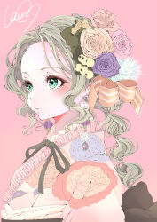 Rule 34 | 1girl, absurdres, blush, bow, dangle earrings, earrings, expressionless, flower, frilled kimono, frills, green eyes, grey hair, hair bow, hair flower, hair ornament, highres, japanese clothes, jewelry, kimono, lavie (cestbonlavie), looking ahead, low ponytail, multi-tied hair, original, parted bangs, pink background, ribbon, striped, striped bow, upper body