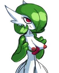 Rule 34 | 1girl, breasts, breasts out, collarbone, creatures (company), game freak, gardevoir, gen 3 pokemon, green hair, grin, hair over one eye, half-closed eyes, hands up, medium breasts, nintendo, nipples, pokemon, pokemon (creature), pokemon rse, red eyes, saladbomb, short hair, simple background, smile, solo, standing, white background