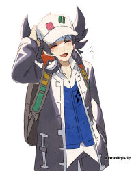 Rule 34 | 1boy, :d, backpack, bag, baseball cap, black hair, blue vest, blush stickers, closed eyes, collared shirt, commentary request, creatures (company), game freak, giacomo (pokemon), hat, headphones, jacket, male focus, nintendo, open clothes, open jacket, open mouth, pants, pointy hair, pokemon, pokemon sv, shirt, simple background, smile, solo, team star, tongue, vest, white background, white hat, white shirt, yamanashi taiki