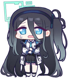 Rule 34 | 1girl, absurdres, aris (blue archive), black hair, black hairband, black skirt, black socks, blue archive, blue eyes, blue necktie, chibi, collared shirt, full body, hair between eyes, hairband, halo, highres, jacket, long hair, long sleeves, looking at viewer, necktie, one side up, open clothes, open jacket, open mouth, panatisia, pleated skirt, puffy long sleeves, puffy sleeves, ringed eyes, shirt, shoes, simple background, skirt, socks, solo, standing, sweat, very long hair, wavy mouth, white background, white footwear, white jacket, white shirt