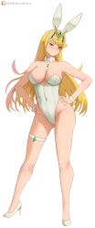 Rule 34 | 1girl, absurdres, alternate costume, animal ear hairband, animal ears, bare shoulders, blonde hair, bow, bowtie, breasts, chest jewel, cleavage, covered navel, detached collar, earrings, english text, fake animal ears, full body, hands on own hips, headpiece, high heels, highleg, highres, jewelry, large breasts, leotard, long hair, looking at viewer, mythra (xenoblade), nintendo, parted lips, patreon logo, patreon username, playboy bunny, rabbit ear hairband, rabbit ears, rabbit tail, solo, strapless, strapless leotard, super smash bros., swept bangs, tail, thigh strap, tiara, traditional bowtie, very long hair, watermark, web address, white background, white leotard, wrist cuffs, xenoblade chronicles (series), xenoblade chronicles 2, yellow eyes, zelc-face