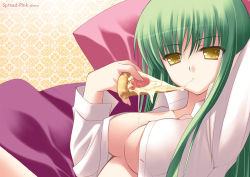 Rule 34 | 00s, 1girl, arm up, breasts, c.c., code geass, dress shirt, eating, food, green hair, long hair, no bra, open clothes, open shirt, pizza, pizza slice, shirt, sitting, solo, yellow eyes, zinno