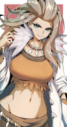 Rule 34 | 1girl, bead necklace, beads, blue eyes, blush, breasts, brown hair, coat, creatures (company), earrings, forehead, fur collar, game freak, gin moku, grin, hair pulled back, highres, jewelry, lab coat, large breasts, long hair, long sleeves, looking to the side, navel, necklace, nintendo, open clothes, open coat, orange shorts, pokemon, pokemon sv, sada (pokemon), shorts, smile, solo, white coat