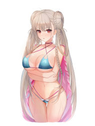 Rule 34 | 1girl, :o, arms under breasts, azur lane, bikini, blue bikini, braid, braided bun, breasts, brown hair, cleavage, commentary request, double bun, feather boa, formidable (azur lane), formidable (the lady of the beach) (azur lane), hair bun, highres, kkieut, large breasts, legs together, long hair, looking at viewer, multi-strapped bikini bottom, multi-strapped bikini top, navel, orange eyes, revision, simple background, solo, standing, swimsuit, thigh gap, thighhighs, very long hair, white background