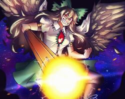 Rule 34 | 1girl, arm cannon, bird wings, black leggings, black wings, bow, breasts, brown hair, cape, commission, electricity, energy cannon, feathered wings, furrowed brow, green bow, green skirt, hair bow, highres, leggings, long hair, looking at viewer, open mouth, otaeriaaoba, red eyes, reiuji utsuho, sharp teeth, shirt, skirt, smile, solo, star (sky), teeth, touhou, universe, weapon, wings