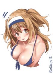 Rule 34 | 1girl, alternate costume, arm under breasts, bare shoulders, bikini, blush, breasts, brown eyes, cleavage, collarbone, commentary request, cropped torso, ebifurya, front-tie top, hair between eyes, hairband, highres, i-26 (kancolle), kantai collection, large breasts, light brown hair, long hair, looking at viewer, one-hour drawing challenge, open mouth, simple background, solo, swimsuit, twitter username, two-tone hairband, two side up, upper body, white background