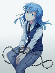 Rule 34 | 10s, 1boy, ansatsu kyoushitsu, belt, blue eyes, blue hair, blue necktie, blue vest, bound, bound wrists, chain, closed mouth, collared shirt, hair down, highres, long hair, long sleeves, looking up, male focus, matching hair/eyes, necktie, pants, restrained, school uniform, shiota nagisa, shirt, solo, soranagi, tied up (nonsexual), vest, white shirt