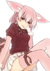 Rule 34 | 10s, 1girl, :p, alternate costume, animal ears, aran sweater, arm support, blush, bow, bowtie, breasts, brown bow, brown bowtie, brown eyes, brown sweater, cable knit, closed mouth, commentary request, fennec (kemono friends), finger to tongue, fox ears, fox girl, fox tail, hair between eyes, heart, heart-shaped pupils, kemono friends, looking at viewer, medium breasts, miniskirt, nagami yuu, pink hair, pink thighhighs, pleated skirt, puffy short sleeves, puffy sleeves, short sleeves, sidelocks, simple background, sitting, skirt, smile, solo, sweater, symbol-shaped pupils, tail, thigh strap, thighhighs, tongue, tongue out, white background, white skirt