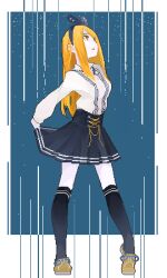 Rule 34 | 1girl, bad id, bad pixiv id, blonde hair, blue skirt, brown footwear, character request, colored skin, copyright request, full body, hair behind ear, hair ribbon, kneehighs, long bangs, long hair, looking to the side, lowres, open mouth, ribbon, sentakki, shirt, shoes, simple background, skirt, socks, solo, teeth, upper teeth only, white shirt, white skin