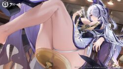 Rule 34 | 1girl, absurdres, against glass, artist request, ass, ass on glass, ass press, azur lane, breasts, feet out of frame, from below, glass table, highres, japanese clothes, kimono, large breasts, long sleeves, looking at viewer, multicolored hair, official alternate costume, official art, purple eyes, purple hair, purple kimono, sash, second-party source, sitting, sitting on table, solo, streaked hair, table, unzen (azur lane), wide sleeves