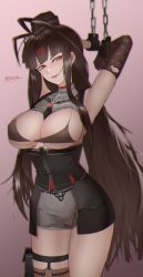 Rule 34 | 1girl, absurdres, alternate costume, artist name, black hat, bound, bound wrists, breasts, brown gloves, brown hair, chained wrists, cleavage, closed mouth, dsr-50 (girls&#039; frontline), feet out of frame, girls&#039; frontline, gloves, hat, highres, large breasts, lips, long hair, looking at viewer, military hat, open clothes, open mouth, red eyes, saturndxy, simple background, single glove, smile, solo, standing, torn clothes, torn gloves, very long hair