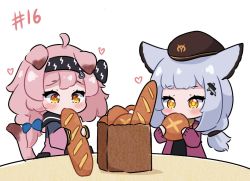 Rule 34 | 2girls, ahoge, animal ears, arknights, bag, baguette, beret, black hairband, black shirt, blue bow, blush, bow, braid, bread, brown eyes, brown headwear, cat ears, cat girl, cat tail, chibi, commentary, eating, english commentary, food, goldenglow (arknights), grey hair, grocery bag, hair bow, hairband, hat, heart, holding, holding food, jacket, kurotofu, lightning bolt symbol, long hair, long sleeves, multiple girls, open clothes, open jacket, paper bag, pink hair, pink jacket, ptilopsis (arknights), ptilopsis (serenity) (arknights), puffy long sleeves, puffy sleeves, purple jacket, shirt, shopping bag, simple background, single braid, sleeves past wrists, table, tail, upper body, white background
