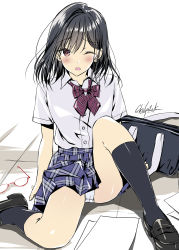 Rule 34 | 1girl, ;o, ass, bad id, bad pixiv id, bag, black footwear, black hair, black socks, blue skirt, bow, bowtie, collared shirt, crotch seam, dated, glasses, highres, knee up, kobayashi chisato, loafers, looking at viewer, medium hair, miniskirt, one eye closed, open mouth, original, panties, plaid, plaid skirt, red-framed eyewear, red eyes, school bag, school uniform, shirt, shirt tucked in, shoes, short sleeves, signature, sitting, skirt, socks, solo, striped bow, striped bowtie, striped clothes, striped neckwear, underwear, unworn eyewear, white panties, white shirt