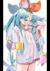 Rule 34 | 1girl, aqua hair, blonde hair, breasts, bukurote, commentary request, cup, hairband, heart, heart-shaped pupils, highres, holding, holding cup, long hair, medium breasts, messy hair, multicolored hair, navel, orange hairband, original, pajamas, panties, pillarboxed, pink eyes, short sleeves, symbol-shaped pupils, thighs, toothbrush, toothbrush in mouth, two-tone hair, underwear, very long hair, white pajamas, white panties