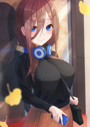 Rule 34 | 1girl, absurdres, alternate costume, bag, between breasts, black bag, black sweater, blue eyes, blush, breasts, brown hair, brown skirt, casual, cellphone, closed mouth, commentary request, fingernails, go-toubun no hanayome, hair between eyes, handbag, headphones, headphones around neck, highres, hiyoku, holding, holding phone, large breasts, leaf, lips, long hair, long sleeves, looking at viewer, nakano miku, outdoors, phone, reflection, ribbed sweater, skirt, smile, solo, sweater, upper body