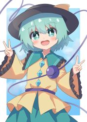 Rule 34 | 1girl, absurdres, black hat, blush, buttons, commentary request, diamond button, double v, eyeball, frilled shirt collar, frilled sleeves, frills, green eyes, green hair, green skirt, hat, high meron, highres, komeiji koishi, long sleeves, looking at viewer, medium hair, open mouth, shirt, skirt, smile, solo, third eye, touhou, v, wide sleeves, yellow shirt