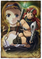 Rule 34 | absurdres, armor, blonde hair, blue eyes, breasts, claudette (queen&#039;s blade), claudette (queen's blade), claudette lord of thundercloud, exiled warrior leina, green eyes, highres, leina (queen&#039;s blade), leina (queen's blade), queen&#039;s blade, red hair, rin-sin, siblings, sisters, sword, weapon