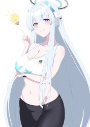 Rule 34 | 1girl, absurdres, alternate costume, arm under breasts, black pants, blue archive, blue hair, blush, breasts, cleavage, closed mouth, collarbone, commentary request, cropped shirt, halo, hand up, highres, index finger raised, kana (wucz8478), large breasts, light blue hair, light bulb, long hair, looking at viewer, mechanical halo, noa (blue archive), pants, purple eyes, shirt, simple background, smile, solo, standing, upper body, very long hair, white background, white shirt