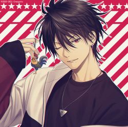 Rule 34 | 1boy, ;), album cover, bird, black hair, black shirt, bremen (asmr), charm (object), chicken, commentary request, company name, cover, diagonal stripes, earrings, fingernails, hair between eyes, hanajima kanato, hand up, jacket, jewelry, looking at viewer, male focus, mashima shima, mole, mole under mouth, necklace, official art, one eye closed, open clothes, open jacket, outline, parted lips, pendant, red background, red eyes, rooster, second-party source, shirt, short hair, sleeves past wrists, smile, solo, star (symbol), starry background, striped, striped background, upper body, white jacket, white outline