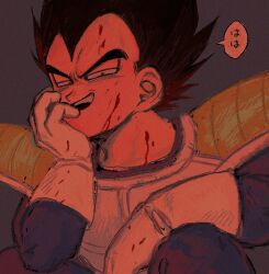 Rule 34 | 1boy, black hair, blood, blood on face, chimachimadb, commentary, dragon ball, dragonball z, gloves, hand on own face, male focus, saiyan armor, simple background, solo, speech bubble, spiked hair, symbol-only commentary, teeth, upper body, vegeta, white gloves