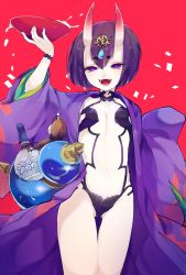 Rule 34 | 1girl, arm up, blue gemstone, blush, bob cut, bottle, bowl, collarbone, confetti, cowboy shot, cup, eyeshadow, fangs, fate/grand order, fate (series), female focus, flat chest, gem, gluteal fold, gourd, groin, hair ornament, half-closed eyes, happy, highres, holding, holding bowl, horns, japanese clothes, kimono, light blush, long sleeves, looking at viewer, makeup, makoto (konbumi), matching hair/eyes, navel, open clothes, open kimono, open mouth, pale skin, purple eyes, purple hair, purple kimono, red background, red eyeshadow, revealing clothes, sakazuki, short hair, shuten douji (fate), sidelocks, simple background, skin-covered horns, smile, solo, standing, stomach, thigh gap, tongue, wide sleeves