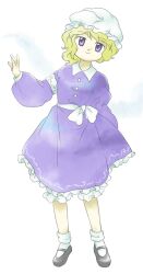 Rule 34 | 1girl, armband, blonde hair, bloomers, bobby socks, bow, buttons, closed mouth, collared dress, dress, frilled dress, frills, grey footwear, hat, leaning to the side, legs apart, long sleeves, looking at viewer, maribel hearn, mary janes, mob cap, nonamejd, official style, puffy long sleeves, puffy sleeves, purple eyes, sash, shoes, short hair, smile, socks, solo, standing, touhou, underwear, white armband, white bloomers, white bow, white hat, white sash, white socks, zun (style)