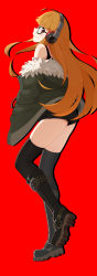 Rule 34 | 10s, 1girl, absurdres, boots, brown hair, coat, cross-laced footwear, full body, fur trim, glasses, headphones, highres, kentsdesign, lace-up boots, long hair, looking back, persona, persona 5, purple eyes, red background, sakura futaba, shorts, solo, standing, standing on one leg, thighhighs