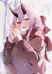 Rule 34 | 1girl, absurdres, beige sweater, black horns, bow, breasts, brown coat, coat, fate/grand order, fate (series), felnemo, hair between eyes, hair bow, highres, horns, large breasts, long hair, long sleeves, looking at viewer, oni horns, open clothes, open coat, open mouth, red bow, red eyes, red scarf, ribbed sweater, scarf, sidelocks, silver hair, smile, snowflakes, solo, sweater, tomoe gozen (fate)