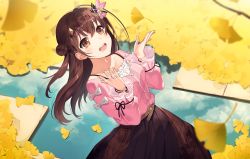 Rule 34 | 1girl, akanebi, autumn, belt, brown eyes, brown skirt, camisole, diamond hair ornament, double bun, fingernails, frilled camisole, frills, ginkgo leaf, hair bun, hair ornament, hairclip, highres, hololive, layered skirt, leaf, long hair, long skirt, long sleeves, official alternate costume, official alternate hairstyle, open mouth, pink ribbon, pink shirt, ribbon, shirt, skirt, smile, solo, star (symbol), star hair ornament, tokino sora, tokino sora (casual), two side up, virtual youtuber, white camisole