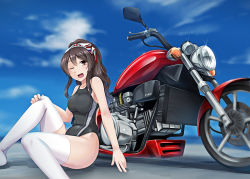 Rule 34 | 10s, 1girl, alternate hairstyle, ashigara (kancolle), black hair, black one-piece swimsuit, brown eyes, competition swimsuit, day, hassen (8cm), honda, honda v45 magna, kantai collection, long hair, looking at viewer, motor vehicle, motorcycle, one-piece swimsuit, one eye closed, open mouth, ponytail, sitting, smile, solo, swimsuit, thighhighs, white thighhighs