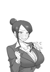 Rule 34 | 1girl, asymmetrical bangs, between breasts, bijin onna joushi takizawa-san, black eyes, black hair, blazer, breasts, buttons, cleavage, collarbone, dress shirt, earrings, female focus, formal, hair bun, jacket, japanese text, jewelry, large breasts, looking at viewer, mole, mole under mouth, necklace, office lady, open clothes, open mouth, open shirt, pen, pen (medium), shirt, solo, solo focus, sound effects, suit, takizawa kyouko, white background, yan-baru