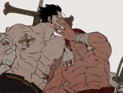 Rule 34 | 2boys, abs, aged down, bandaid on stomach, bara, black hair, blood, dark-skinned male, dark skin, dracule mihawk, hand on another&#039;s cheek, hand on another&#039;s face, injury, large pectorals, long sideburns, lying, male focus, mature male, multiple boys, muscular, muscular male, navel, nipples, on back, one piece, panipani7320, pectorals, shanks (one piece), short hair, sideburns, smirk, stomach, strongman waist, thick eyebrows, topless male, yaoi