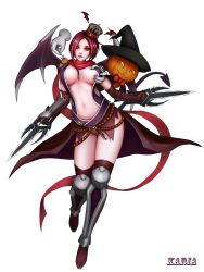 Rule 34 | 1girl, artist request, assassin cross (ragnarok online), breasts, cleavage, elbow gloves, gloves, hat, highres, large breasts, navel, ragnarok online, red eyes, red hair, scarf, short hair, thighhighs, weapon, wings