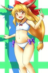 Rule 34 | 1girl, bare legs, bikini, bow, breasts, commentary request, d-m (dii emu), eyelashes, fang, horns, ibuki suika, long hair, looking at viewer, oni horns, open mouth, small breasts, swimsuit, touhou, v