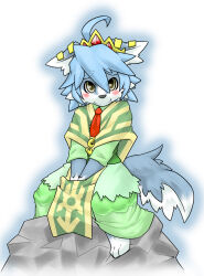 Rule 34 | 1boy, ahoge, animal ears, animal feet, animal nose, barefoot, blue fur, blue hair, blue outline, body fur, capelet, closed mouth, earclip, full body, furry, furry male, gem, green shirt, green skirt, grey eyes, hair between eyes, happy, kame (3t), long skirt, long sleeves, looking at viewer, male focus, necktie, original, outline, own hands together, red gemstone, red necktie, rock, shirt, short hair, sitting, skirt, smile, solo, split mouth, tail, tiara, trap, two-tone fur, v arms, white fur, wolf boy, wolf ears, wolf tail, yellow headwear