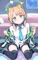 Rule 34 | 1girl, animal ear headphones, animal ears, black footwear, black shorts, black thighhighs, blonde hair, blue archive, blue necktie, blush, breasts, cat ear headphones, cat tail, collared shirt, commentary request, couch, fake animal ears, green eyes, green jacket, halo, head tilt, headphones, highres, indoors, jacket, kamatama, looking at viewer, mechanical tail, medium hair, midori (blue archive), multicolored clothes, multicolored jacket, narrowed eyes, necktie, removing jacket, shirt, shoes, short shorts, shorts, sitting, small breasts, solo, sweatdrop, tail, thighhighs, thighs, two-tone jacket, wariza, white jacket, white shirt