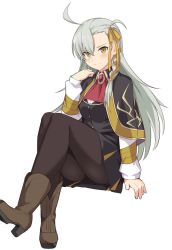 Rule 34 | 1girl, blush, breasts, brown eyes, brown footwear, commentary request, fate/grand order, fate (series), frown, jacket, long hair, long sleeves, looking at viewer, medium breasts, olga marie animusphere, orange ribbon, pantyhose, red neckwear, ribbon, shiseki hirame, silver hair, simple background, solo, white background