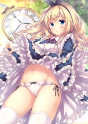 Rule 34 | 1girl, alice (alice in wonderland), alice in wonderland, blonde hair, blue dress, blue eyes, blush, bow, bow panties, closed mouth, clothes lift, commentary request, cowboy shot, crotch seam, dress, dress lift, frilled dress, frills, groin, hairband, highres, long hair, looking at viewer, navel, neck ribbon, original, panties, pocket watch, puffy short sleeves, puffy sleeves, red ribbon, ribbon, ryo (botugo), short sleeves, side-tie panties, solo, standing, stomach, thighhighs, thighs, underwear, watch, white panties, white thighhighs, wing collar