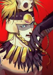 Rule 34 | 1boy, absurdres, arm tattoo, aztec, blonde hair, blood, blue eyes, braid, facepaint, fate/grand order, fate (series), gold necklace, hair ornament, headdress, highres, jewelry, long hair, looking at viewer, male focus, mizuna237, necklace, nosebleed, red background, shoulder tattoo, simple background, skull, skull hair ornament, solo, tattoo, tezcatlipoca (fate), tezcatlipoca (third ascension) (fate), traditional clothes, twin braids, upper body