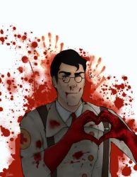 Rule 34 | 1boy, black hair, blood, blood from mouth, blood on clothes, blood on face, blood splatter, blue eyes, collared shirt, glasses, gloves, heart, heart hands, jacket, long sleeves, looking at viewer, male focus, medic, medic (tf2), necktie, one eye closed, red gloves, red medic (tf2), red necktie, red theme, shirt, solo, sparkling eyes, suspenders, team fortress 2, white background, white shirt, wink