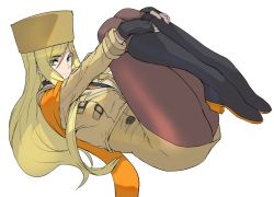 Rule 34 | 1girl, ashiomi masato, black footwear, blonde hair, blue eyes, boots, brown pantyhose, commentary request, curled up, eyes visible through hair, fingerless gloves, fur hat, gloves, guilty gear, guilty gear strive, hat, jacket, long hair, long sleeves, millia rage, orange scarf, pantyhose, plantar flexion, scarf, solo, ushanka, yellow hat