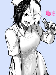 Rule 34 | 1girl, fairy tail, mary hughes, monochrome, multicolored hair, nurse, one eye closed, open mouth, short hair, simple background, solo, syringe, wink
