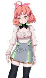 Rule 34 | 1girl, absurdres, ahoge, arms at sides, breasts, cleavage, curly hair, freckles, green eyes, head tilt, highres, light smile, looking at viewer, medium breasts, mossya, orange hair, penny polendina, rwby, skindentation, solo, thighhighs, white background, zettai ryouiki
