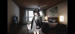 Rule 34 | 1girl, animal ears, arknights, bed, bedroom, black headwear, brown coat, brown eyes, brown hair, ceiling fan, child, coat, coin purse, curtains, dress, ears through headwear, extra ears, game screenshot, highres, ingsae, nightstand, open clothes, open coat, rubio&#039;s daughter (arknights), tail, white dress, window, wolf ears, wolf girl, wolf tail