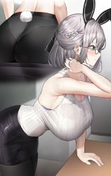Rule 34 | 1girl, absurdres, animal ears, ass, bare arms, black pantyhose, black skirt, blush, braid, breasts, from side, glasses, green eyes, grey hair, highres, hololive, huge breasts, kuse (0201), looking away, medium hair, multiple views, pantyhose, parted lips, profile, rabbit ears, rabbit tail, shirogane noel, shirt, skirt, sleeveless, sleeveless shirt, sweat, tail, torn clothes, torn skirt, virtual youtuber, white shirt